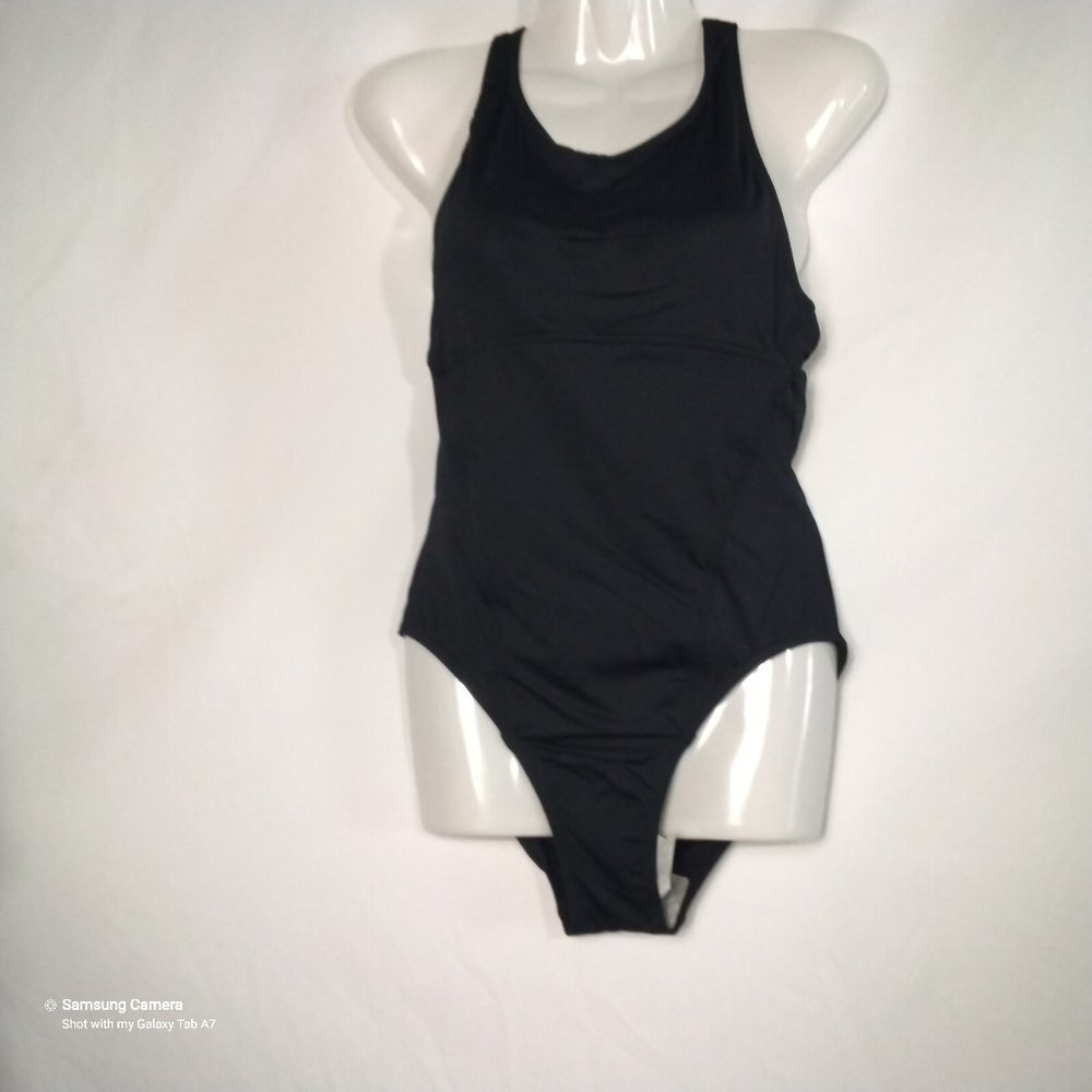 DKNY Black 1 Pc. High Neck Maillot Swimsuit High Zip Racer Back High Leg NWT Sm